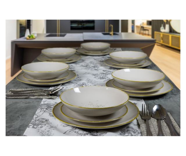 Set Complet Serviciu De Masa, Ivory Stone, 18 piese, Cesiro, Alb Ivoire cu margine aurie