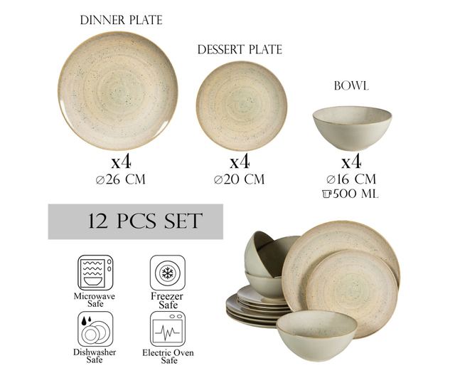 Set Complet Serviciu De Masa, Shell, 12 piese, Cesiro, Crem deschis lucios
