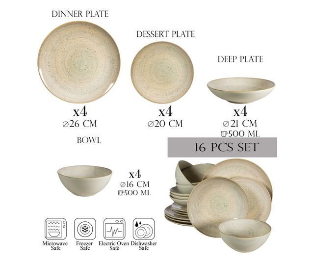 Set Complet Serviciu De Masa, Shell, 16 piese, Cesiro, Crem deschis