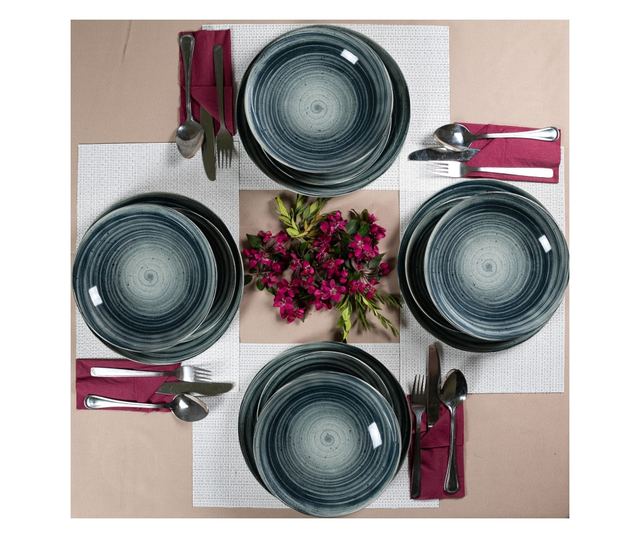 Set Complet Serviciu De Masa, Whirlwind, 12 piese, Cesiro, Alb Ivoire cu negru