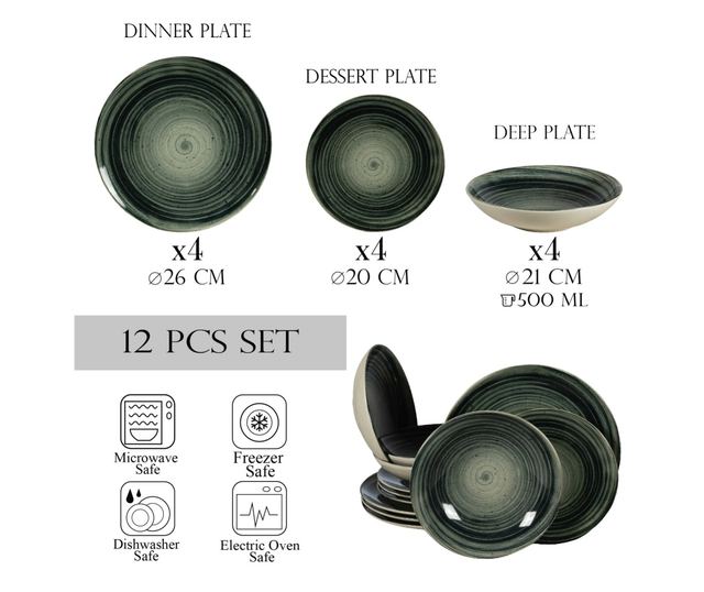 Set Complet Serviciu De Masa, Whirlwind, 12 piese, Cesiro, Alb Ivoire cu negru