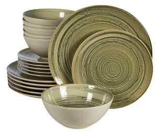 Set Complet Serviciu De Masa, Sand, 18 piese, Cesiro, Alb Ivoire lucios si gri-verzui