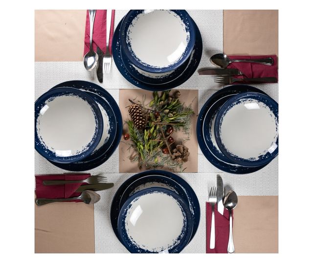 Set Complet Serviciu De Masa, Maritim, 12 piese, Cesiro, Alb Ivoire cu bluemarin