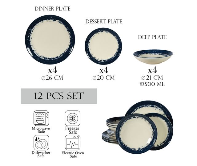 Set Complet Serviciu De Masa, Maritim, 12 piese, Cesiro, Alb Ivoire cu bluemarin