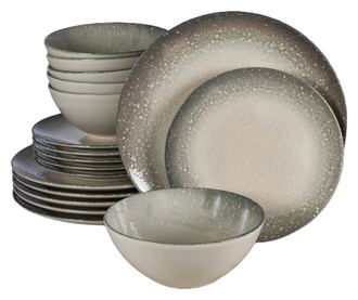 Set Complet Serviciu De Masa, Stone, 18 piese, Cesiro, Alb Ivoire lucios cu gri