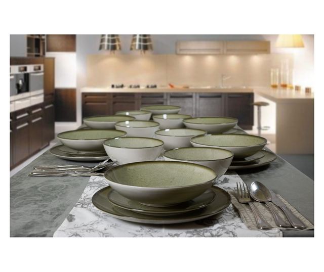 Set Complet Serviciu De Masa, Earth Green, 24 piese, Cesiro, Alb Ivoire cu verde