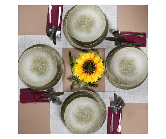 Set Complet Serviciu De Masa, Silver, 12 piese, Cesiro, Alb Ivoire cu gri