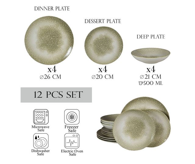 Set Complet Serviciu De Masa, Silver, 12 piese, Cesiro, Alb Ivoire cu gri