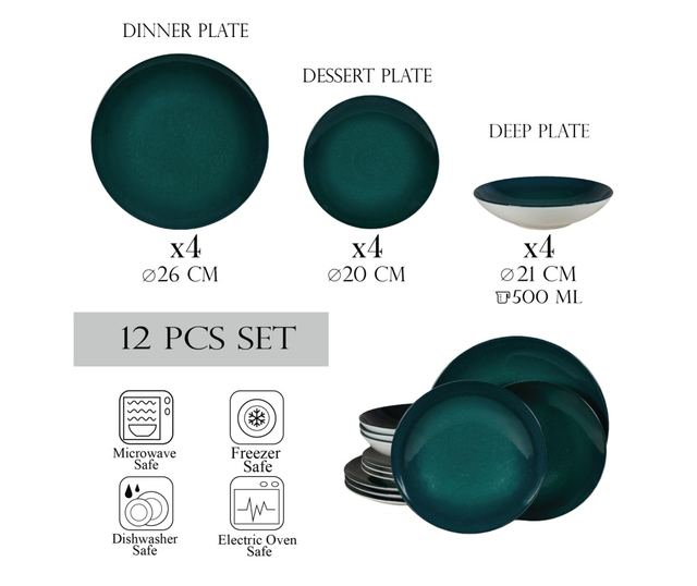 Set Complet Serviciu De Masa, Deep Water, 12 piese, Cesiro, Alb Ivoire cu turcoaz inchis