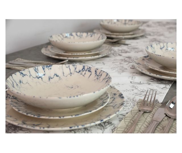 Set Complet Serviciu De Masa, Marble, 12 piese, Cesiro, Alb Ivoire cu albastru