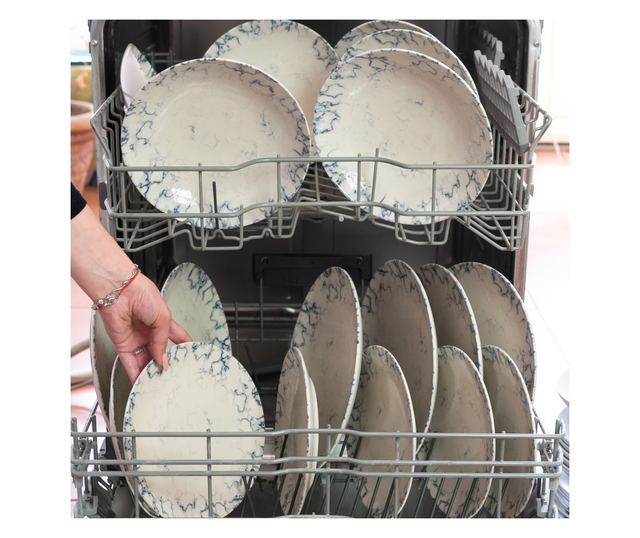 Set Complet Serviciu De Masa, Marble, 12 piese, Cesiro, Alb Ivoire cu albastru