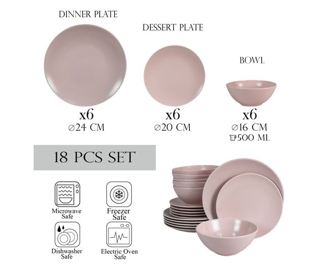 Set Complet Serviciu De Masa, Milkshake, 18 piese, Cesiro, Roz Deschis Mat