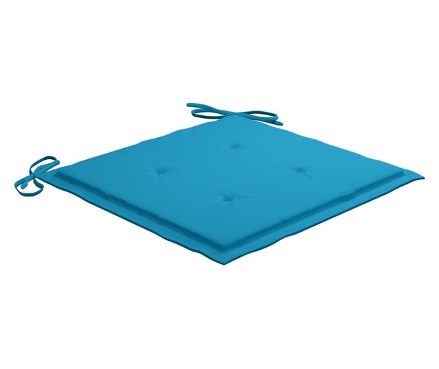 Градински столове със сини възглавници, 3 бр., масивно тиково дърво