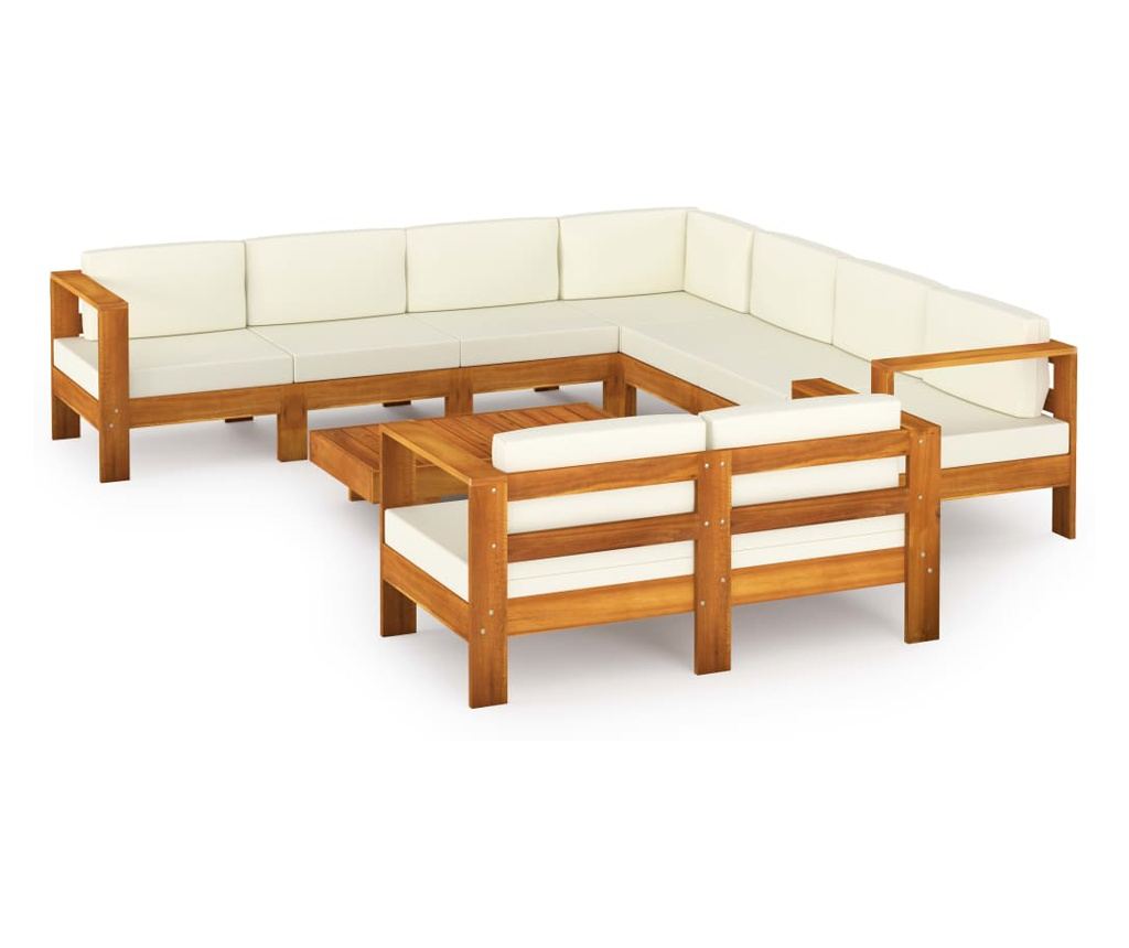 Градински комплект от 9 части, масивно акациево дърво, кремаво бели възглавници - 2