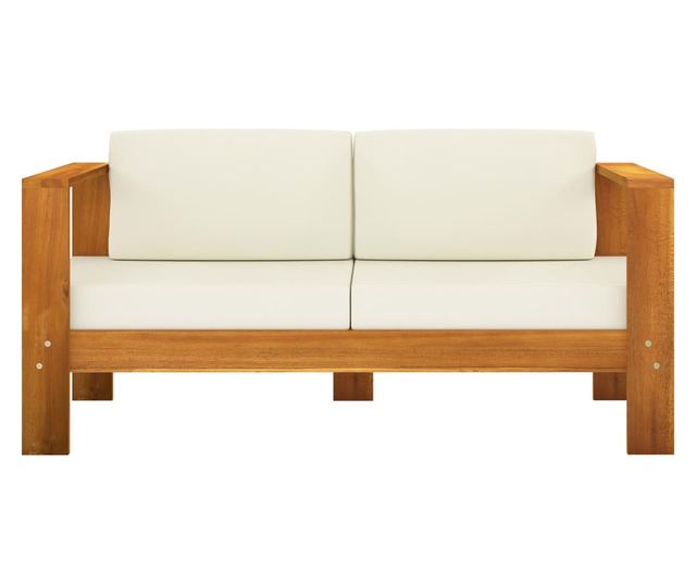 Градински комплект с възглавници Бяло/Кремаво, 8 части, Масивна акациева дървесина