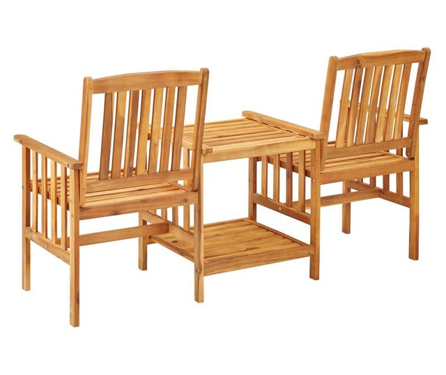 Градински столове с масичка за чай и възглавници, масивна акациева дървесина