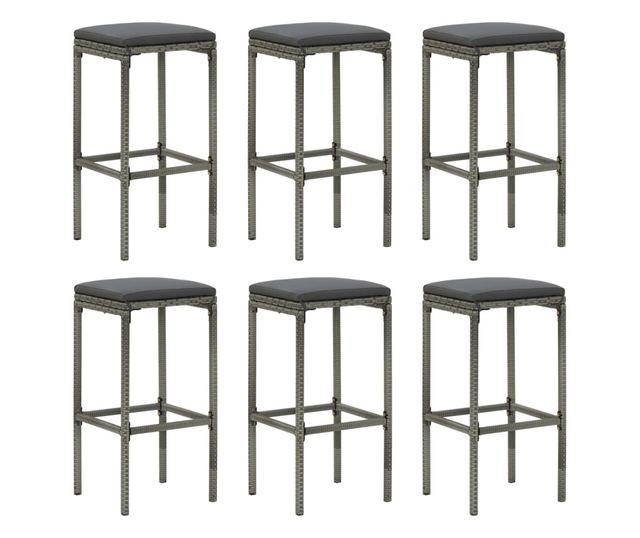 Barski stoli z blazinami, 6 kosov, sivi, poli ratan