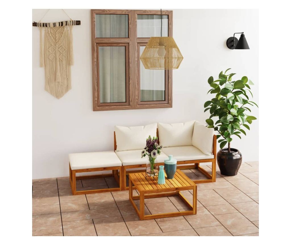 Градински комплект с кремави възглавници, 4 части, акация масив - 7