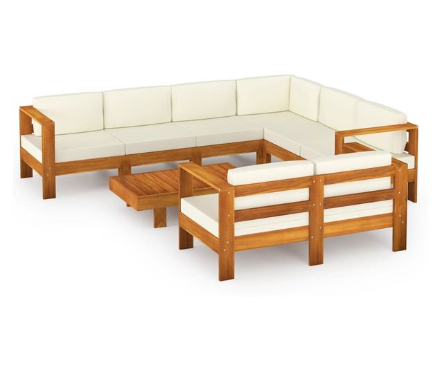 Градински комплект с възглавници Бяло/Кремаво, 8 части, Масивна акациева дървесина