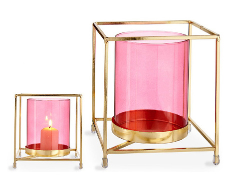 Поставка за свещ Квадратек Розов Златен Метал Cтъкло (14 x 15,5 x 14 cm)