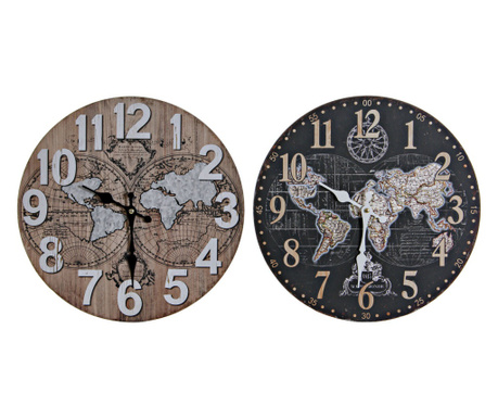 Стенен часовник DKD Home Decor Естествен Черен MDF Карта на Света (34 x 4 x 34 cm)