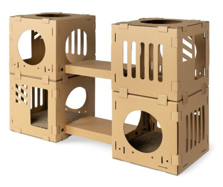 Casa modulara pentru pisici din carton Navaris cu 4 cuburi si 2 punti, 53109.02