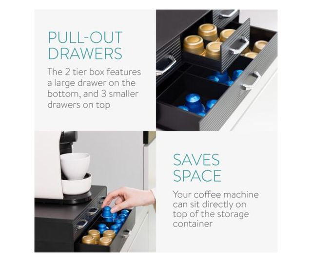 Suport pentru capsule de cafea Navaris cu 4 sertare, Universal, 2 Nivele, Negru, 54092.01