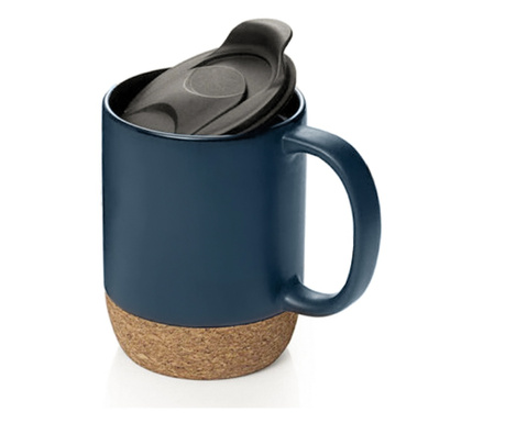 Чаша за кафе/чай, Quasar & Co., чаша за пътуване, с капак за носене, коркова основа, керамика, 400 ml, тъмносиня