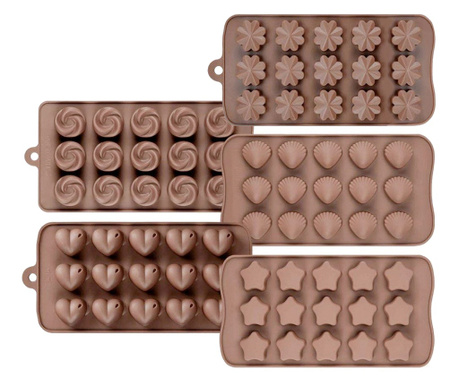 5 darabos szilikon csokoládéforma készlet, Quasar & Co., 150 cukorkaforma vagy jégkocka, 20 x 10 x 1,5 cm, barna színű