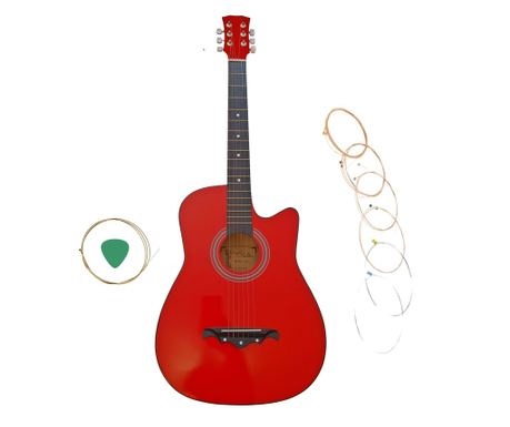 Класическа дървена китара IdeallStore®, Red Raven, 95 см, модел Cutaway, червена, стоманени струни, включена пружина