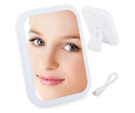 Мини козметично огледало с LED осветление, 15 х 20 см, бяло