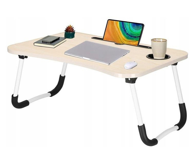 Masa pentru laptop, pliabila, suport pahar, MDF, metal, PE, crem, 60x40x27 cm, Springos