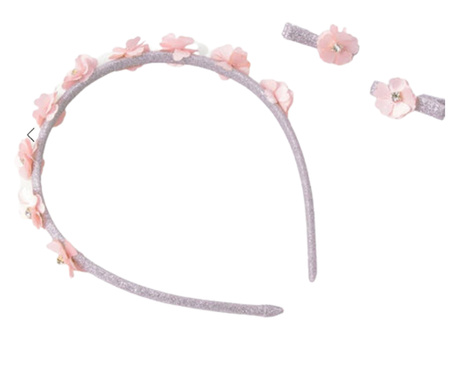 Set accesorii par pentru fete, Bentita si 2 clipsuri, Decorate cu trandafiri 3D textili si cristale stralucitoare, 25x3 cm si 5x