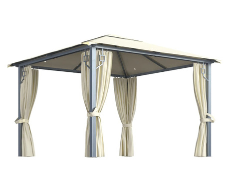 Pavilion cu perdele & șiruri lumini, crem, 300x300 cm, aluminiu