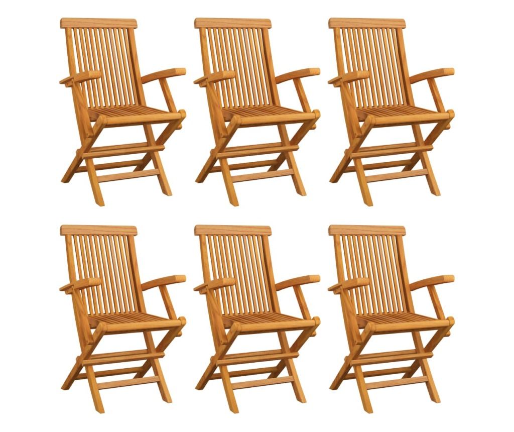 Градински столове с възглавници, 6 бр., бежови, масивно дърво тиково дърво - 3