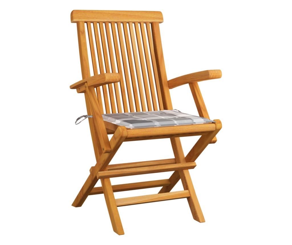 Градински столове, сиви карирани възглавници, 3 бр., Масивно тиково дърво - 2