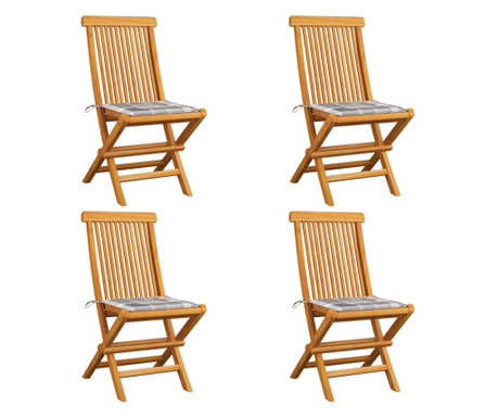 Krzesła ogrodowe z poduszkami w szarą kratę, 4 szt., tekowe
