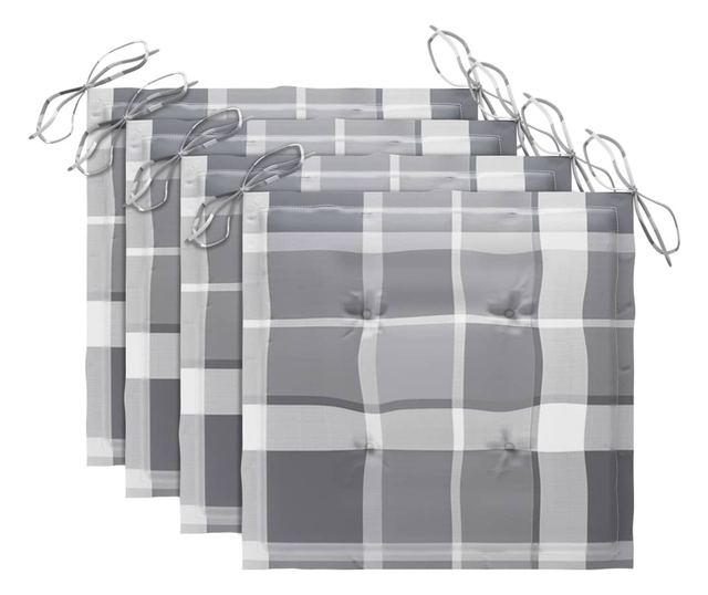 Градински столове, сиви карирани възглавници, 4 бр., Масивно дърво тиково дърво