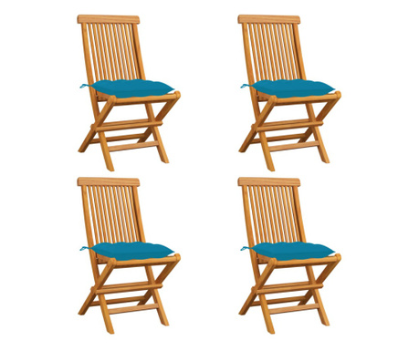 Krzesła ogrodowe, jasnoniebieskie poduszki, 4 szt., tekowe