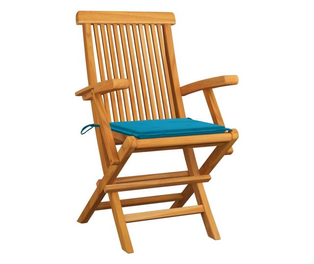 Градински столове със сини възглавници, 3 бр., масивно тиково дърво