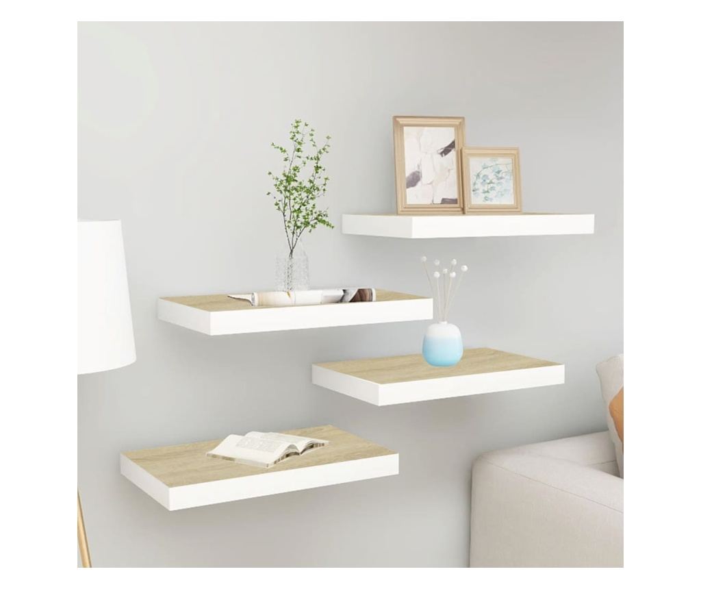 4 db fehér-tölgyszínű MDF lebegő fali polc 40 x 23,5 x 3,8 cm - 2