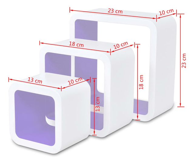 Rafturi cub suspendate, depozitare cărți/DVD, 3 buc, MDF alb-violet