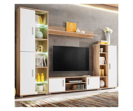 Mobilier sufragerie spațiu TV, lumini LED, Stejar Sonoma și Alb