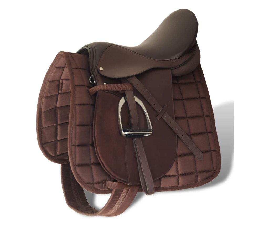 Jahalno Sedlo Set 16" Pravo Usnje Rjave Barve 14 cm 5-v-1 - 2