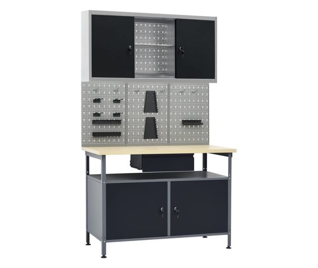 Banc de lucru cu trei panouri de perete si un dulap