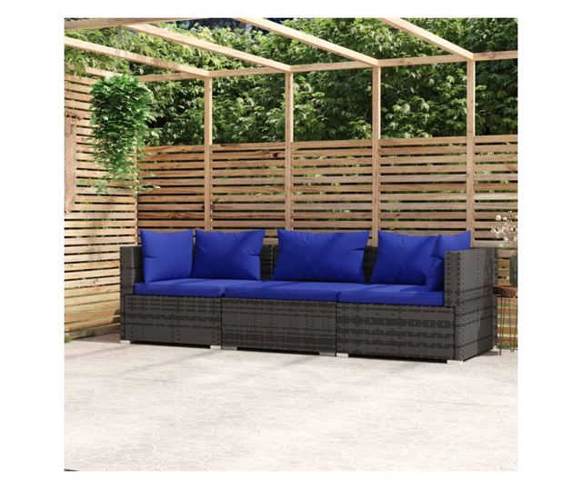 3-személyes szürke polyrattan kanapé párnákkal
