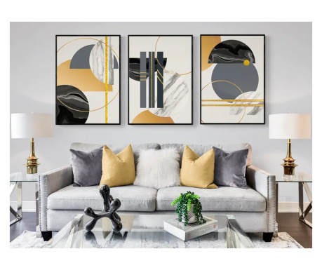 Set 3 tablouri canvas, intaglio, stil abstracte, auriu, forme geometrice gri, printuri moderne,  70x150 cm