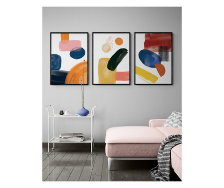 Set 3 tablouri canvas abstracte, intaglio printuri, forme colorate pentru i, living,