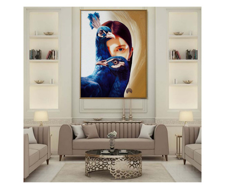 Tablou canvas, modern, portret femeie cu pauni, pentru dormitor, living elegant  70x70 cm