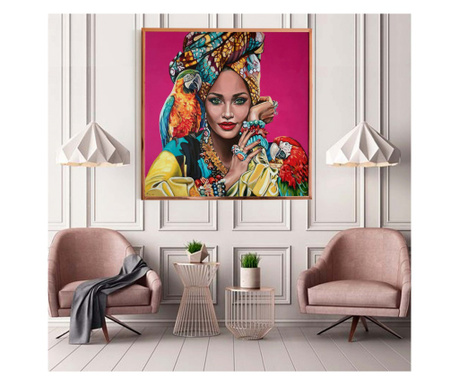 Tablou canvas, modern, portret fata, cu papagali, multicolor pentru dormitor, living  60x60 cm